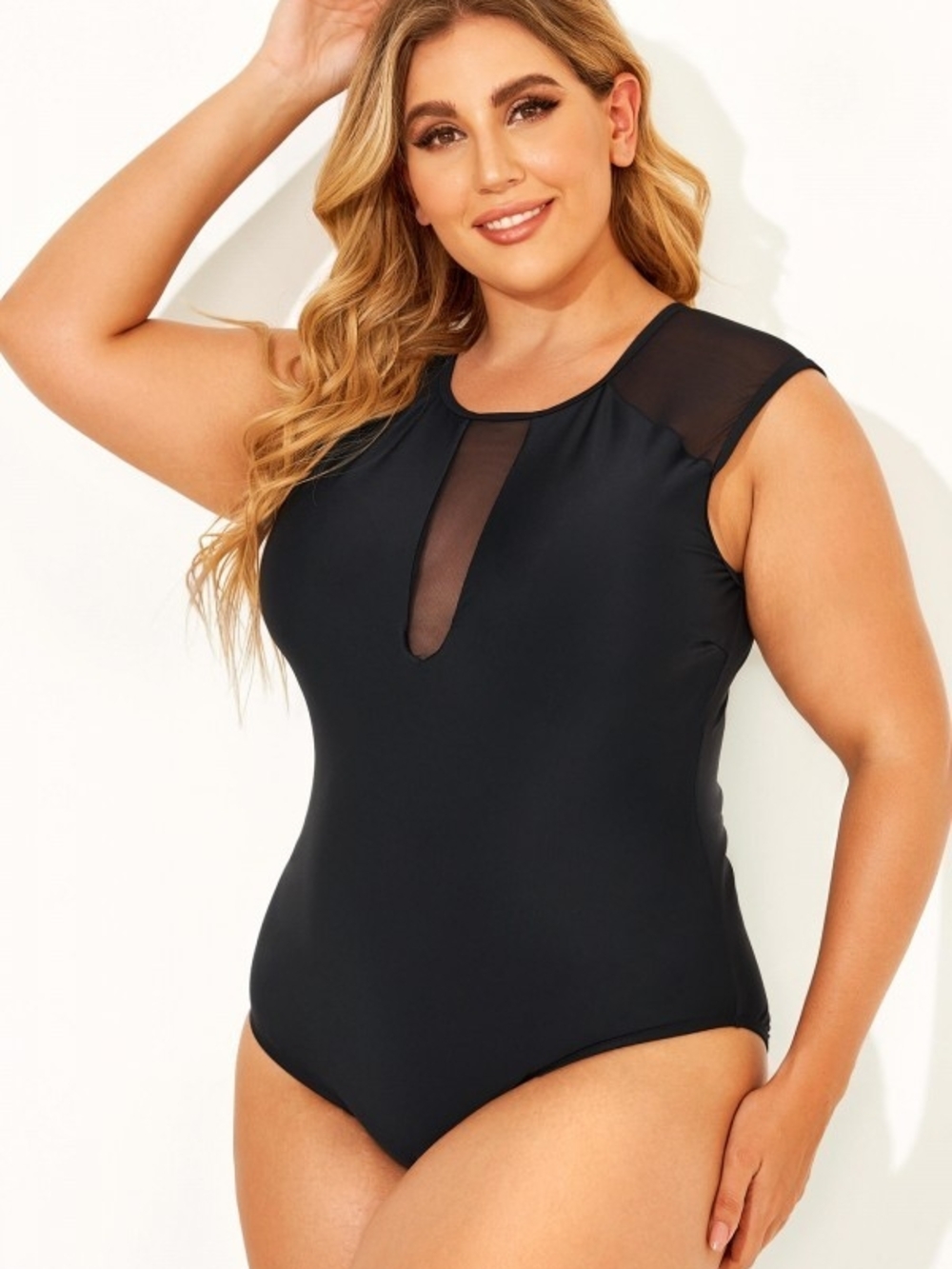 Black Sexy Mesh Shoulder High Neck High Back One Piece Swimsuit Plus Size 2X